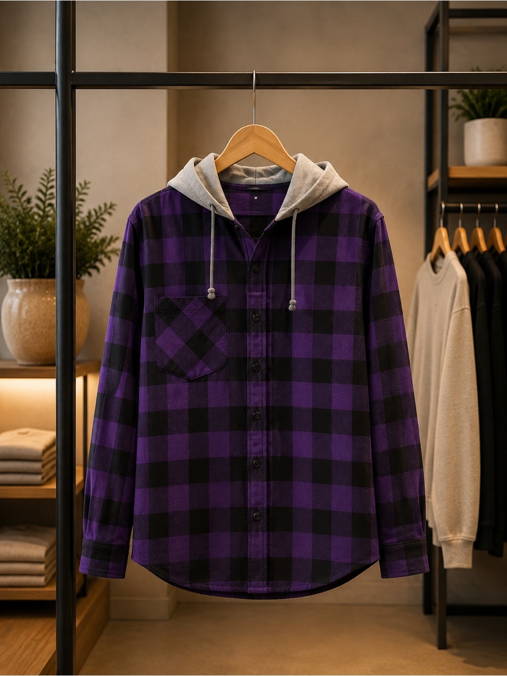 Men's Purple & Black Plaid Button-Down Shirt with Gray Hood